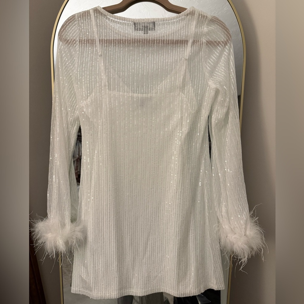 Lulu's White Sequin Mini Dress with Feather Cuffs - Picture 6 of 6